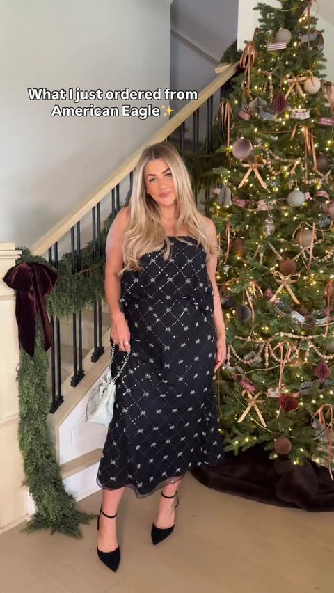 Instagram post by @kelclight for American Eagle. Caption reads: Festive little AE haul 🎄🪩✨ Drop the word ‘link’....