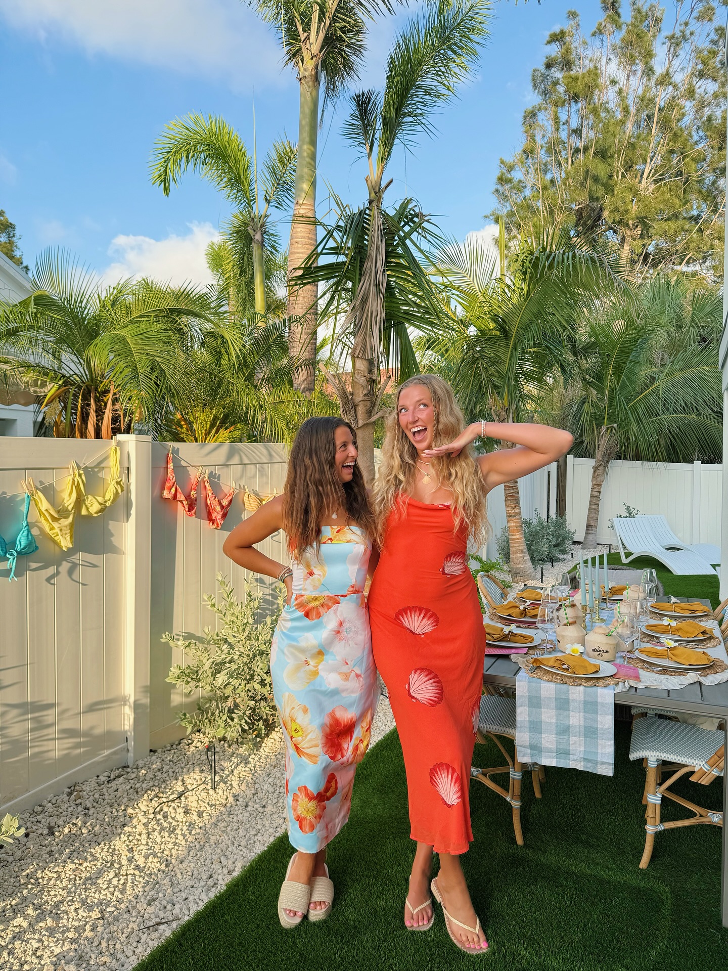 Instagram post by @itsgretawilson for Lulus. Caption reads: a celebration dinner!! 🌺🫶🏼🐚  
dresses: @lulus....