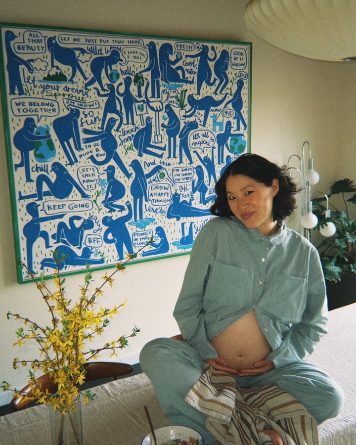 Instagram post by @sophfei for Coyuchi. Caption reads: third trimester nesting mode with @coyuchi 🪺

my....