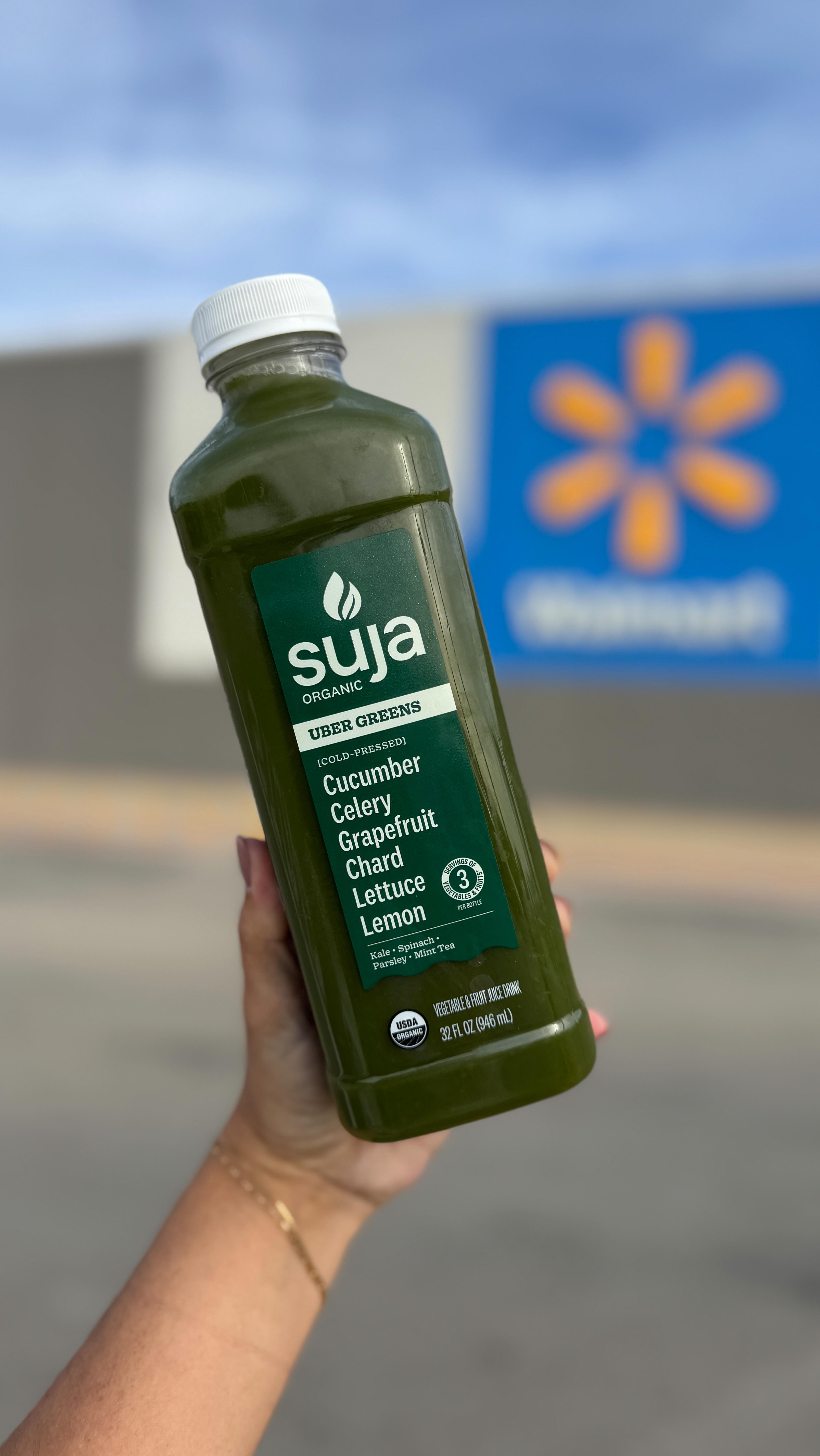 Instagram post by @ohheywalmart for Suja Organic. Caption reads: Get in those greens! #ad @sujaorganic Uber Greens....