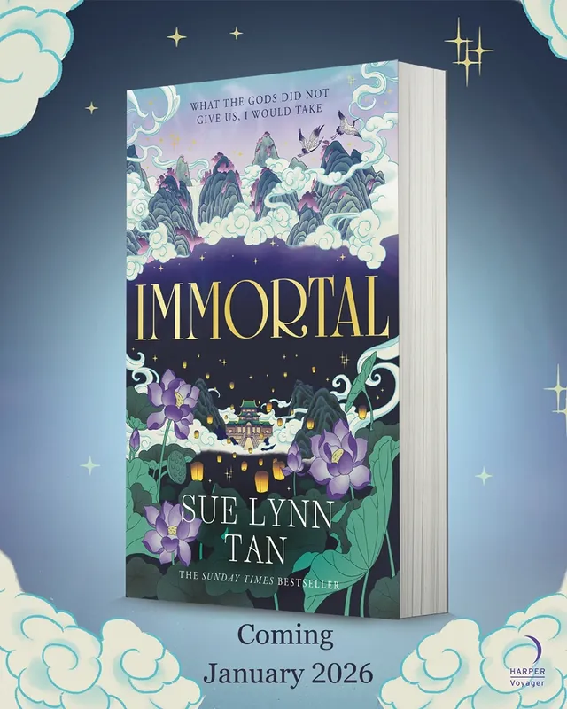 Instagram post by @suelynntan for HarperCollinsUK. Caption reads: The breathtaking new standalone fantasy, Immortal,....