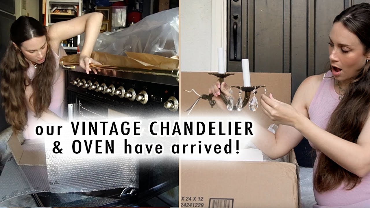 YouTube post by @xomacennavlogs for thredUP. Caption reads: our kitchen OVEN & VINTAGE CHANDELIER have....