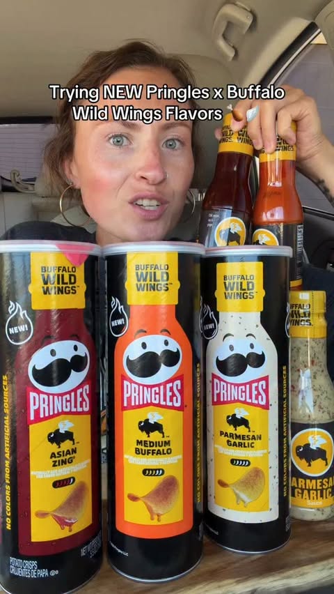 Instagram post by @morganchomps for Buffalo Wild Wings. Caption reads: Trying NEW Pringles x Buffalo Wild Wings chip....