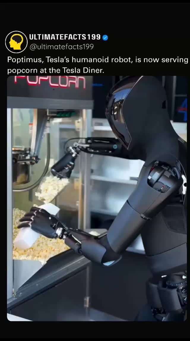 Instagram post by @ultimatefacts199 for Tesla. Caption reads: Poptimus, Tesla’s humanoid robot, is now serving....