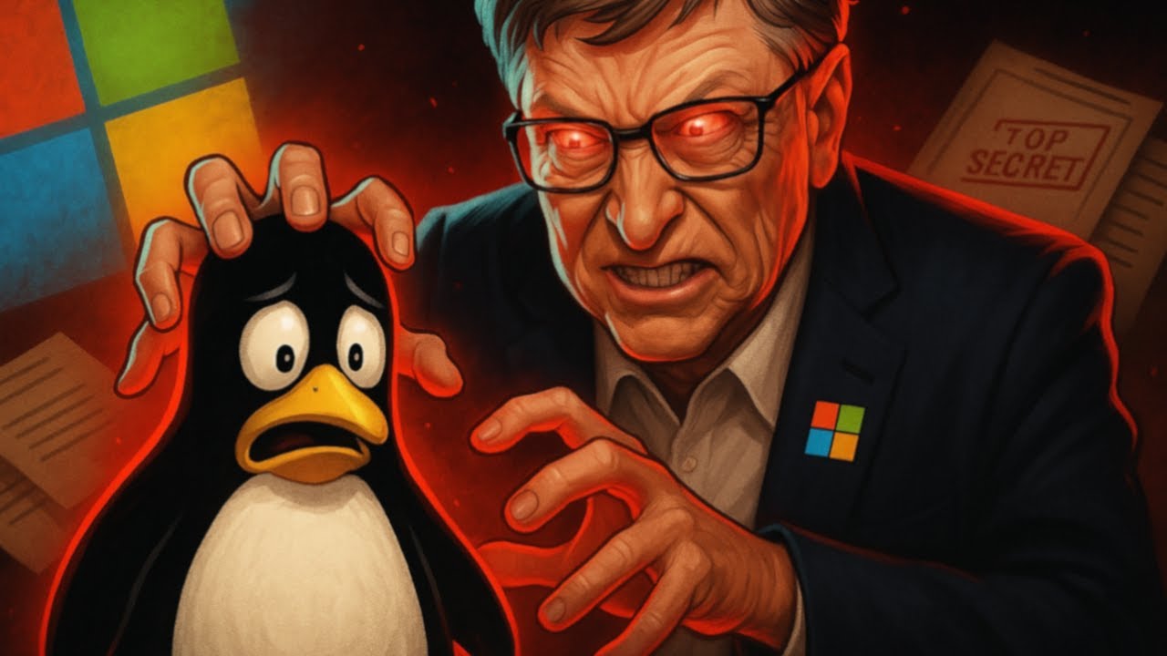 YouTube post by @LinuxChad for TechCrunch. Caption reads: MICROSOFT tried to DESTROY LINUX, but their plan....