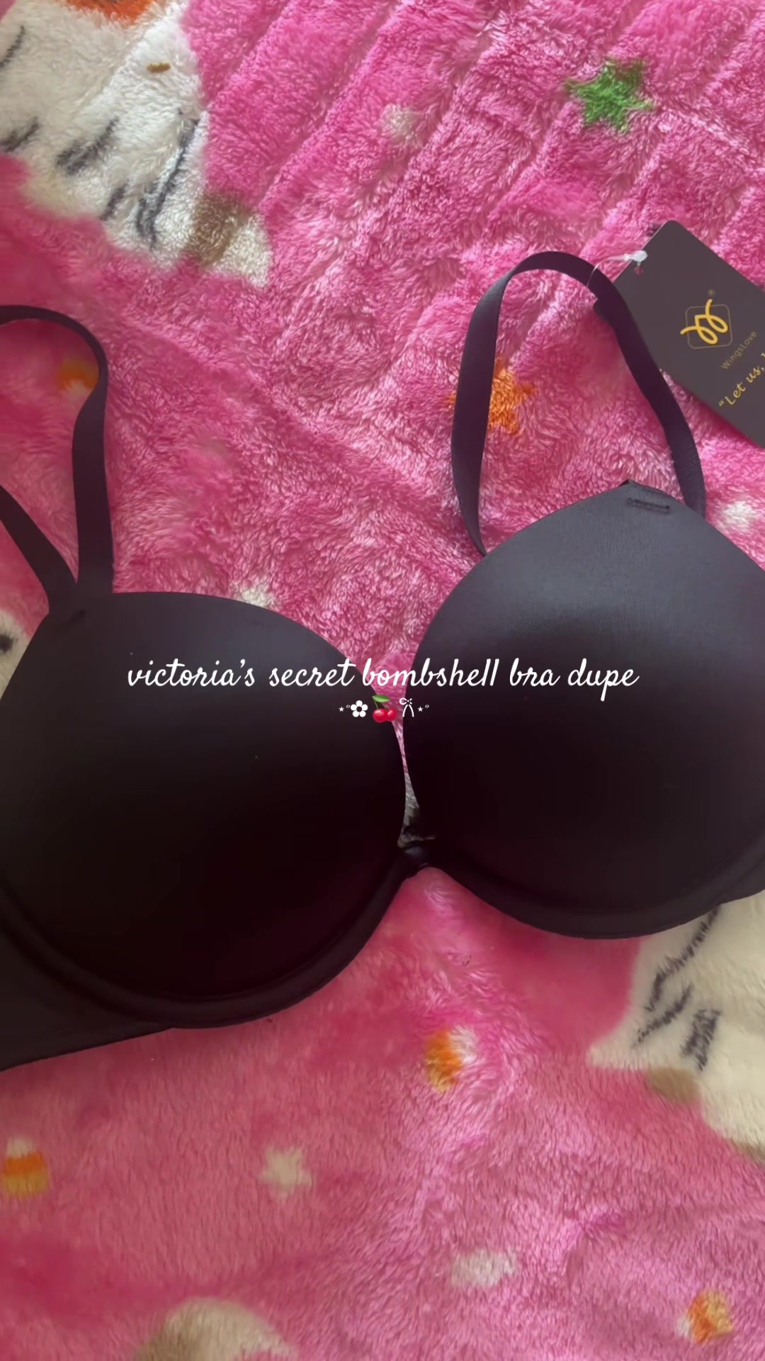 TikTok post by @deadlylivingdoll for WingsLove. Caption reads: [...] victoria’s secret bombshell bra 🩷....