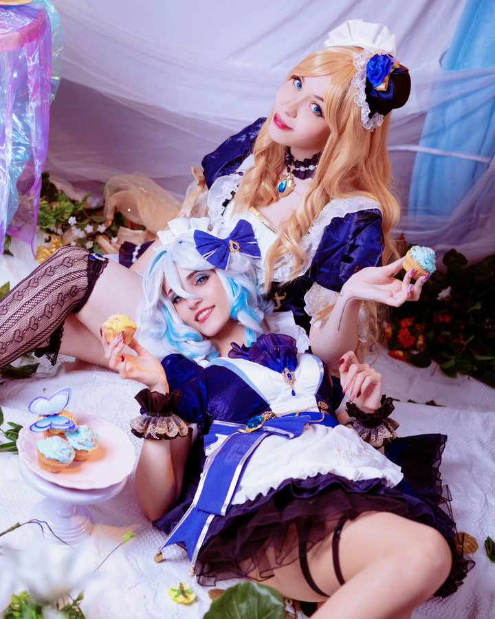 Instagram post by @nymesiacosplay for Uwowo Cosplay. Caption reads: Maid Navia & Furina are here 🤗💞
This photoshoot....