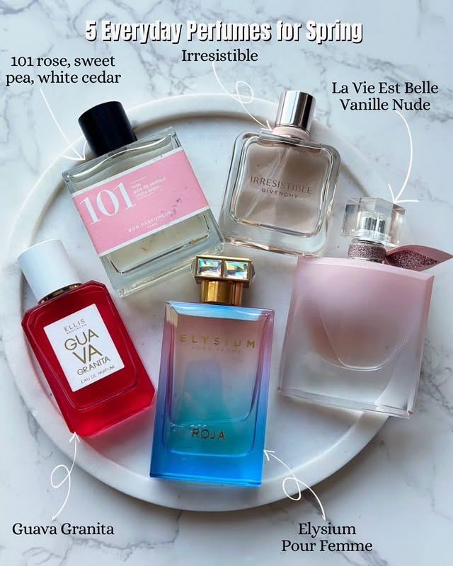 Instagram post by @vicckyalfa for Bon Parfumeur. Caption reads: 5 eveyday perfumes for spring, which one would you....