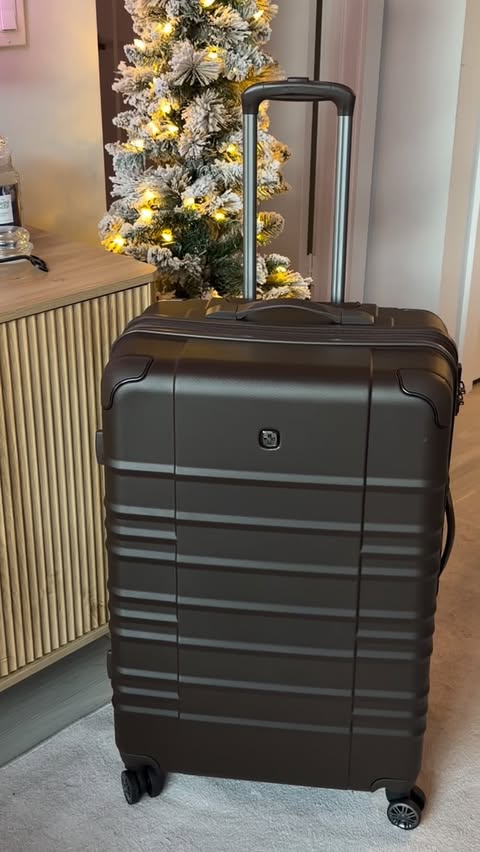 Instagram post by @fifiimarie for SWISSGEAR. Caption reads: [...] II Large Checked Spinner in Java from....