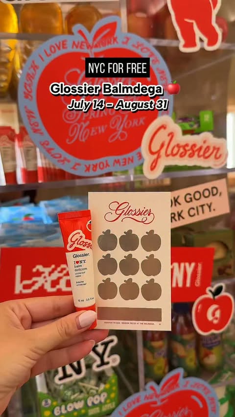Instagram post by @nyc_forfree for Glossier. Caption reads: Step inside @Glossier’s Balmdega pop-up, a love....
