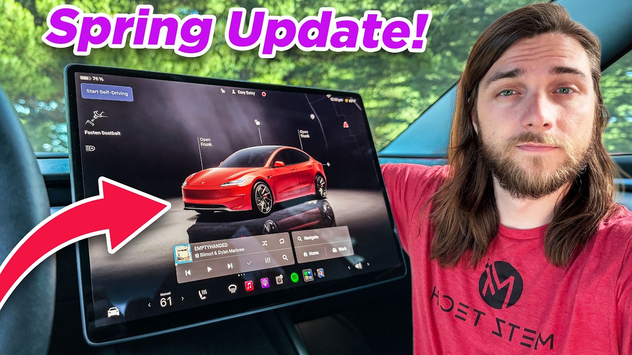 YouTube post by @MetzTech for Lugano_Beauties. Caption reads: The Tesla "Spring" Update has FINALLY arrived!....