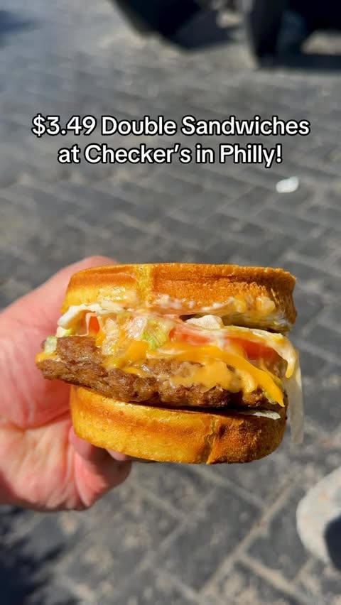 Instagram post by @jacobdoesphilly for Checkers & Rally’s. Caption reads: $3.49 double sandwiches at all @checkersrallys....