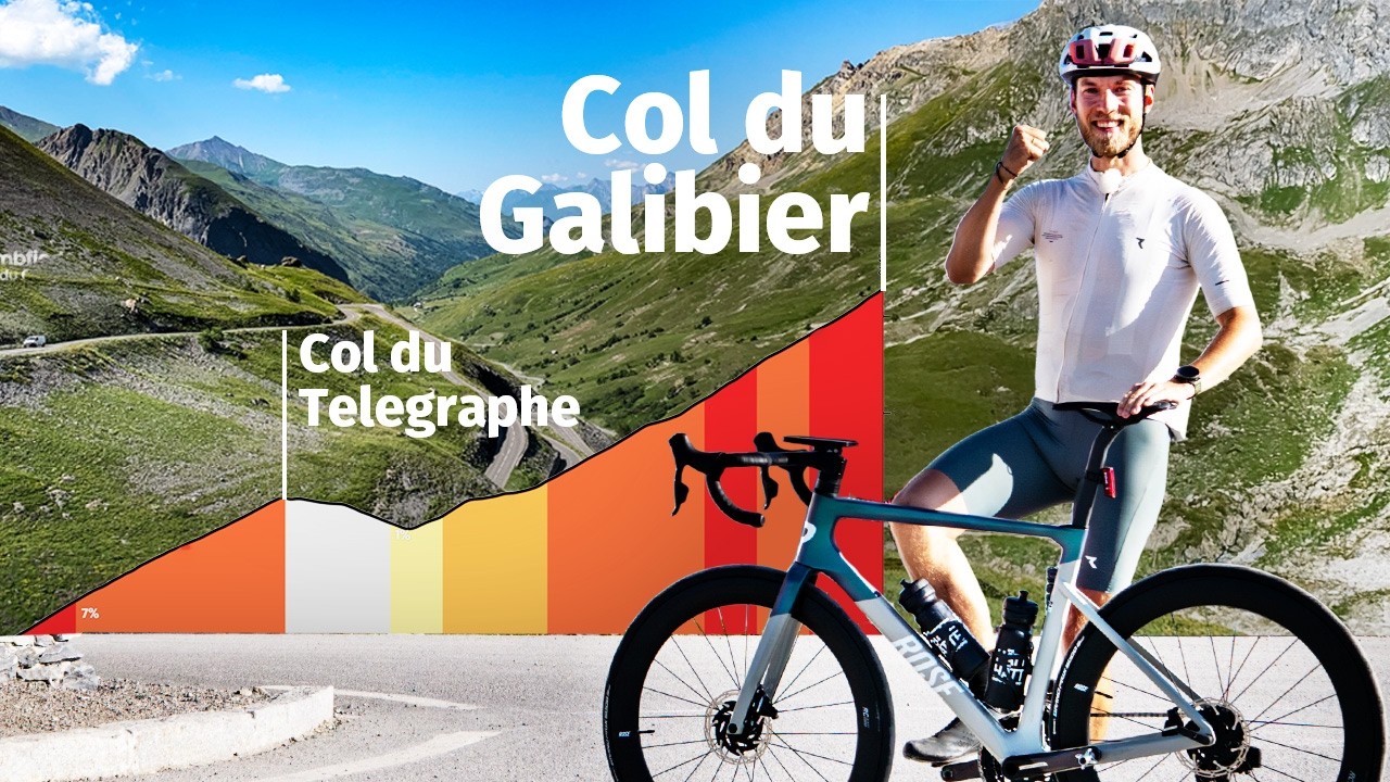 YouTube post by @Marius_Quast for komoot. Caption reads: Legendary Climb — Col du Galibier (Tour de France)....