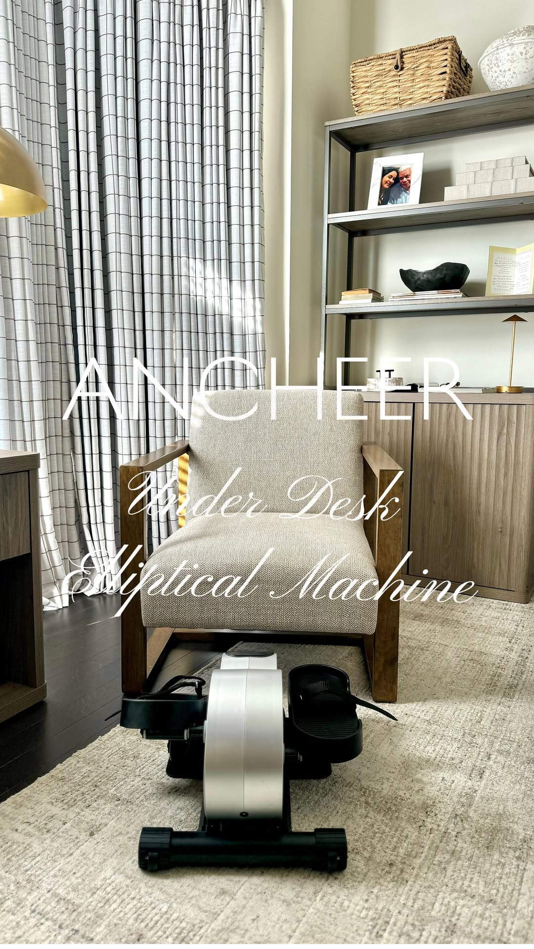 Instagram post by @karen_homestyle for Ancheer. Caption reads: My father loves his ANCHEER Under Desk Elliptical....