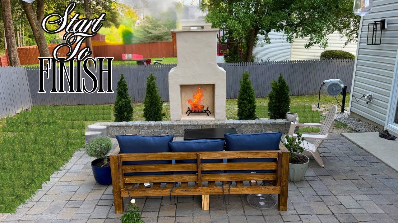 YouTube post by @buildersblueprint for NEBULA. Caption reads: How I Built An Outdoor Fire Place and Paver Patio....
