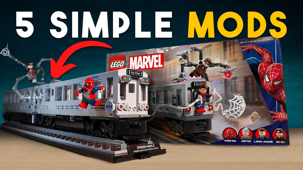 YouTube post by @TommyCBricks for Solelidity. Caption reads: These 5 Mods Make the LEGO Spider-Man Set INSANE!.