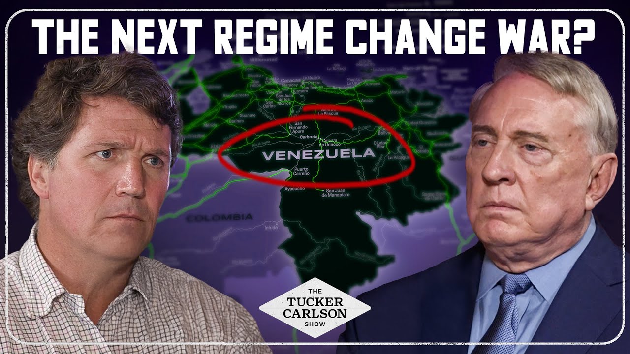 YouTube post by @TuckerCarlson for SimpliSafe. Caption reads: America’s Plot to Overthrow Venezuela Is in Full....