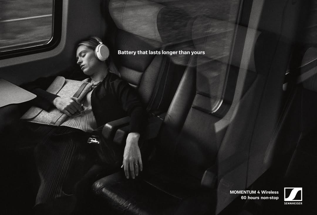 Instagram post by @campaignsoftheworld for Sennheiser. Caption reads: [...] such a strong case for battery life?....