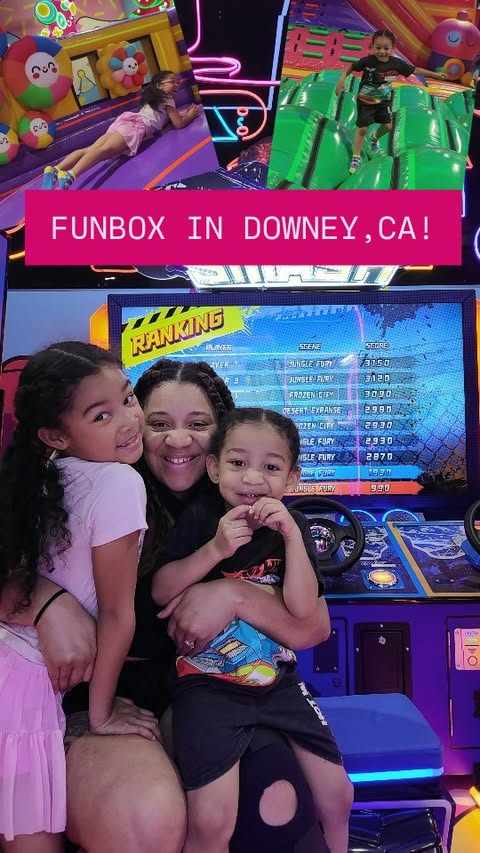 Instagram post by @dismagicmama for FUNBOX. Caption reads: FUNBOX DOWNEY IS NOW OPEN!🥳🎉🎉 ..... Parents I....