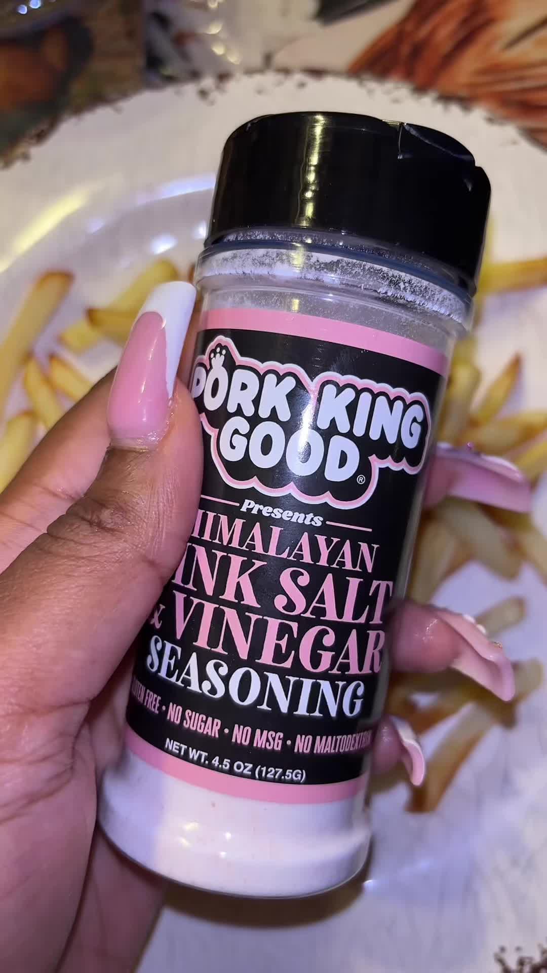 TikTok post by @reyahthelastdragon for Pork King Good. Caption reads: @Pork King Good Himalayan pink salt and vinegar....