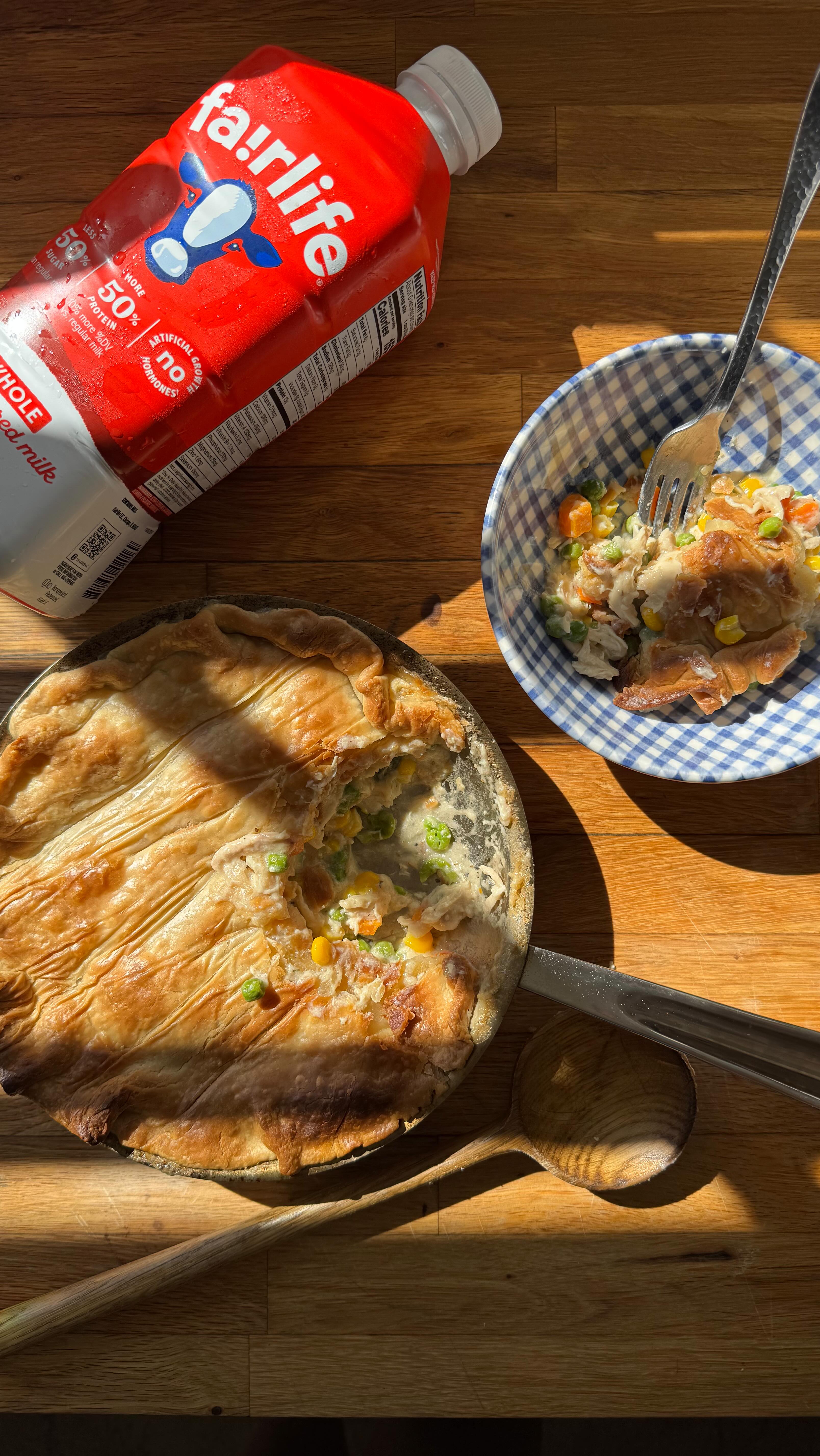 Instagram post by @carochambers for fairlife. Caption reads: The coziest pot pie — golden, creamy, and it all....