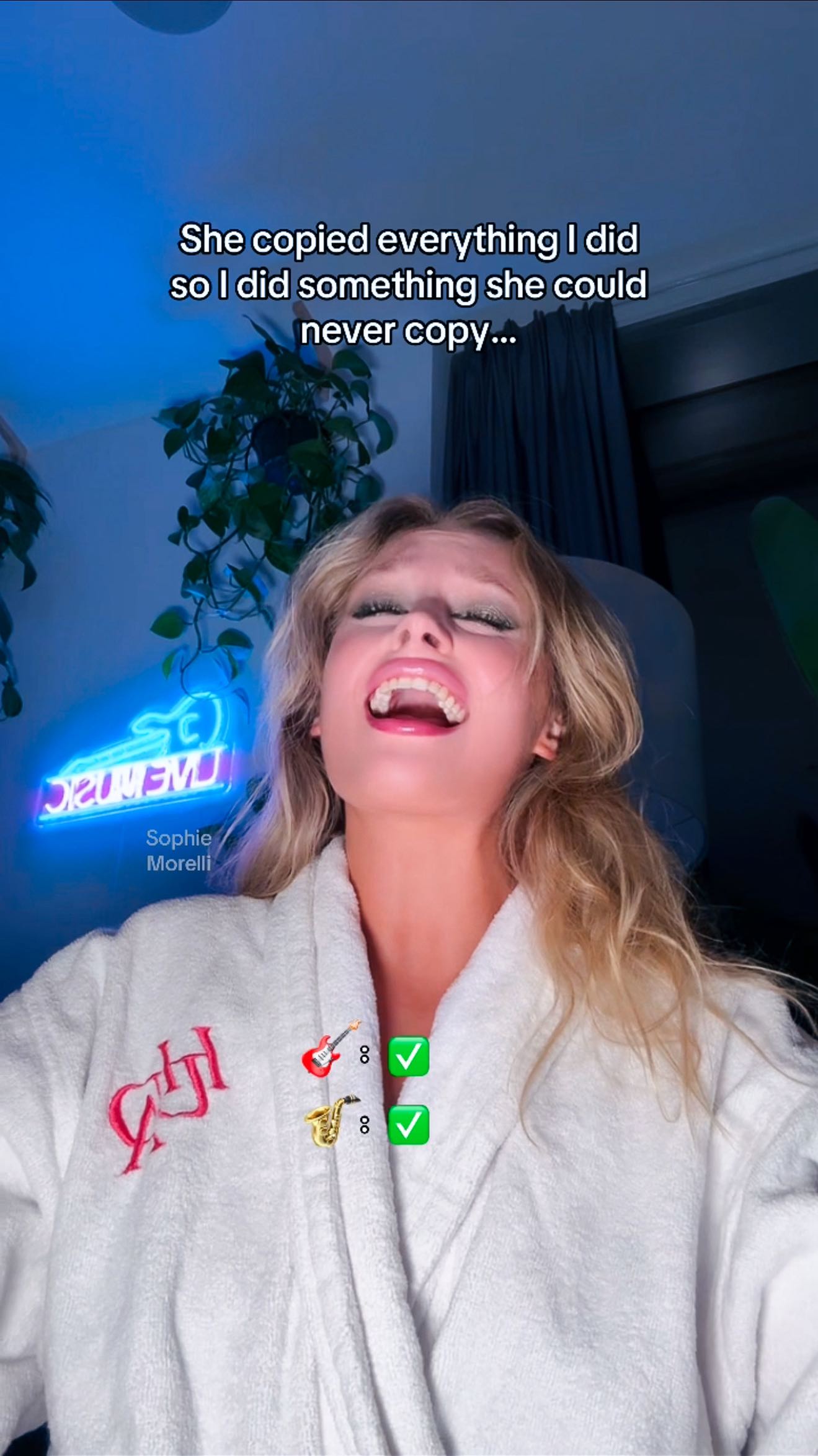 Instagram post by @sophmorelli for Huda Beauty. Caption reads: “We have instruments at home” ahh #singing....