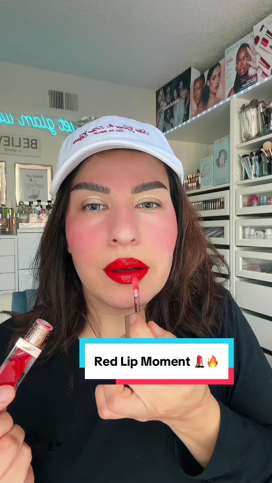 TikTok post by @get_glam_with_sadaf for Patrick Ta. Caption reads: Red lip Moment 🔥👌 @Patrick Ta Beauty @patrick ta.