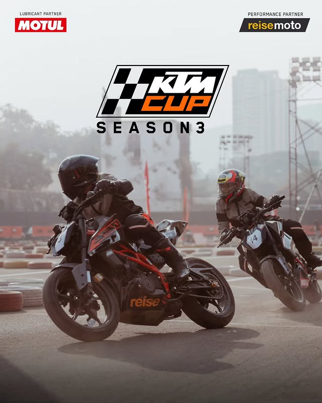 Instagram post by @ktm_india for Reise Moto. Caption reads: India's largest racing championship is back! The....