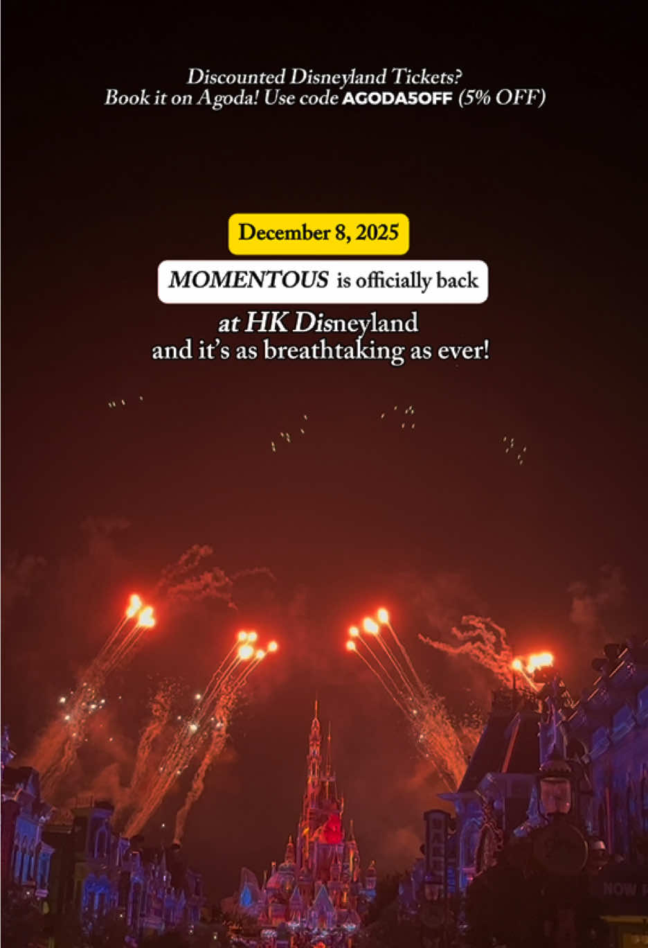 TikTok post by @mommysann_theafam for agoda. Caption reads: ✨ The wait is over! 🏰 ✨ Momentous is officially....