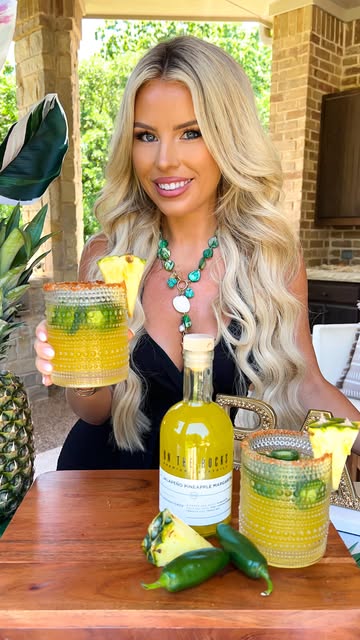 Instagram post by @macy.blackwell for On The Rocks Premium Cocktails. Caption reads: This Jalapeno Pineapple Margarita is a must-try....