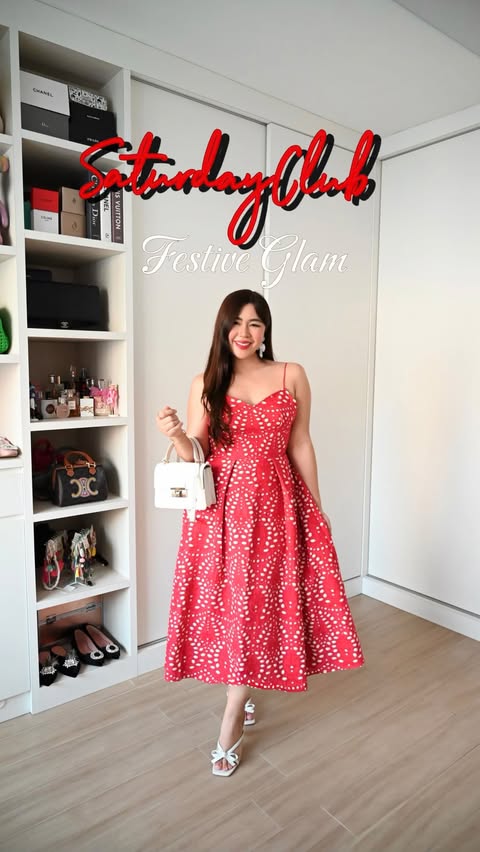 Instagram post by @gizellegail for Saturday Club. Caption reads: [...] glam, and a pretty red dress from....