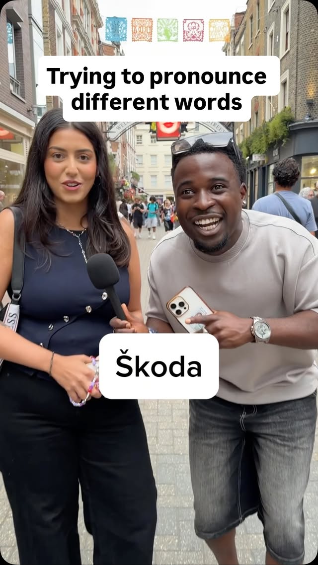 Instagram post by @mick_medeiros for Škoda Belgium. Caption reads: Why can nobody pronounce the LAST word 😭 AD....