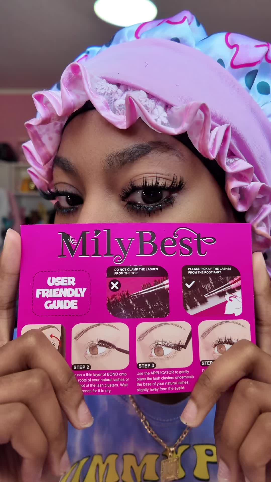 TikTok post by @livingwithemani for MilyBest Beauty. Caption reads: [...] Diaries🎀: Ft @Milybest lashes @MilyBest....