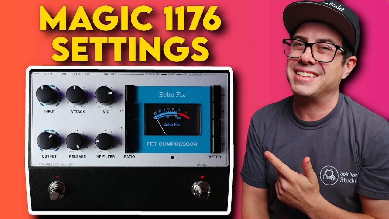 YouTube post by @spinlightstudios for Safari Pedals. Caption reads: Magic 1176 Compression Settings! (Echo Fix EF-P5).