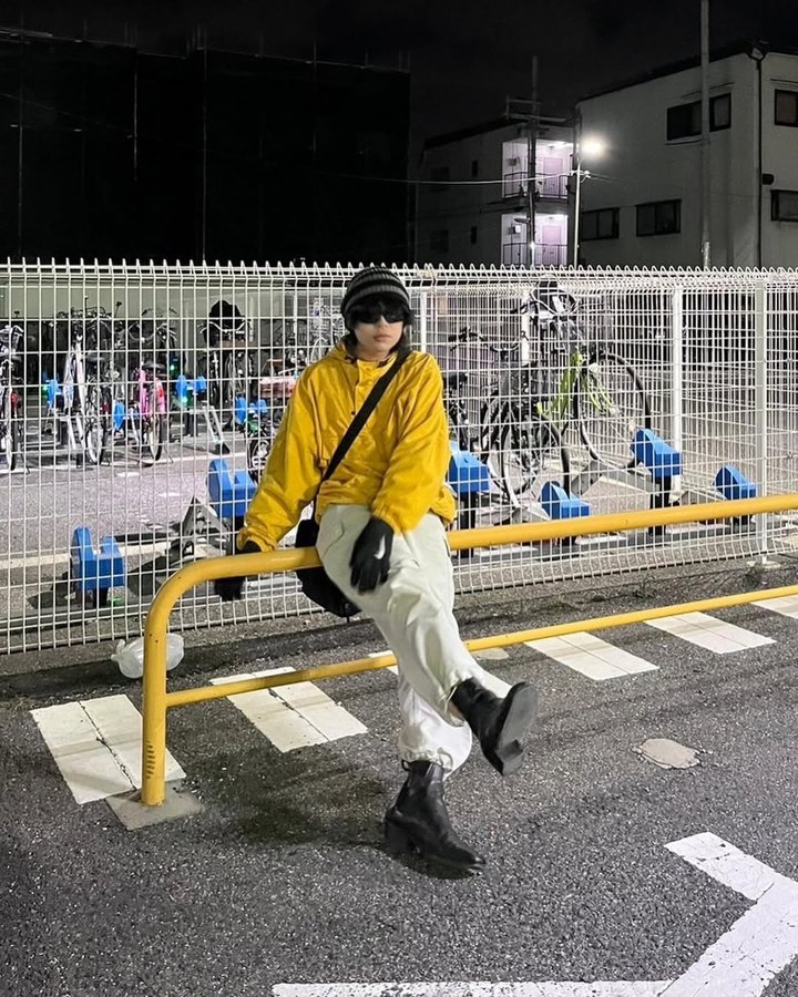 Instagram post by @_fumiyaaaa_ for Zone (WEGO supported). Caption reads: ⚪️🟡⚫️ #pr #wego_ootd #wegomenspr #ナイロンカーゴパンツ....