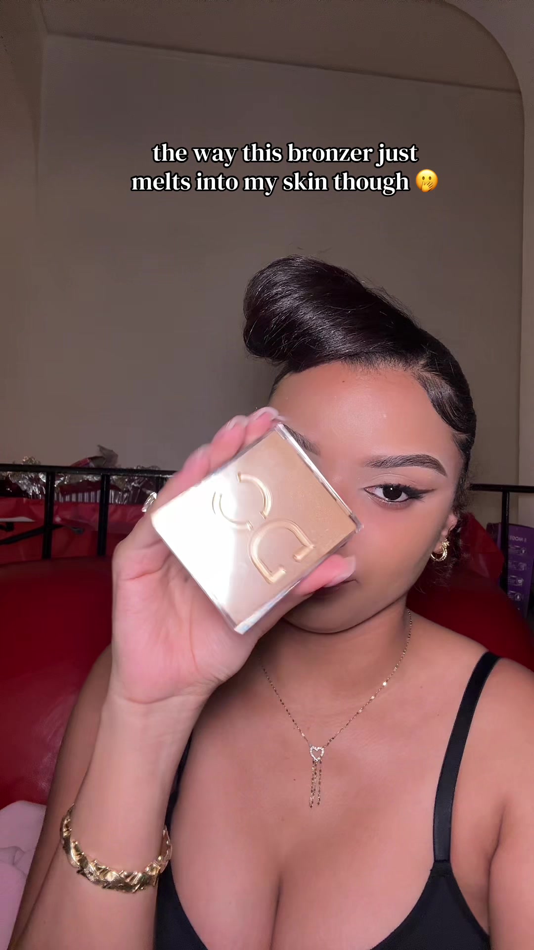 TikTok post by @xoxo.mell for Dominique Cosmetics. Caption reads: [...] bronze perfect neutral bronzer 😍 @Dominique....