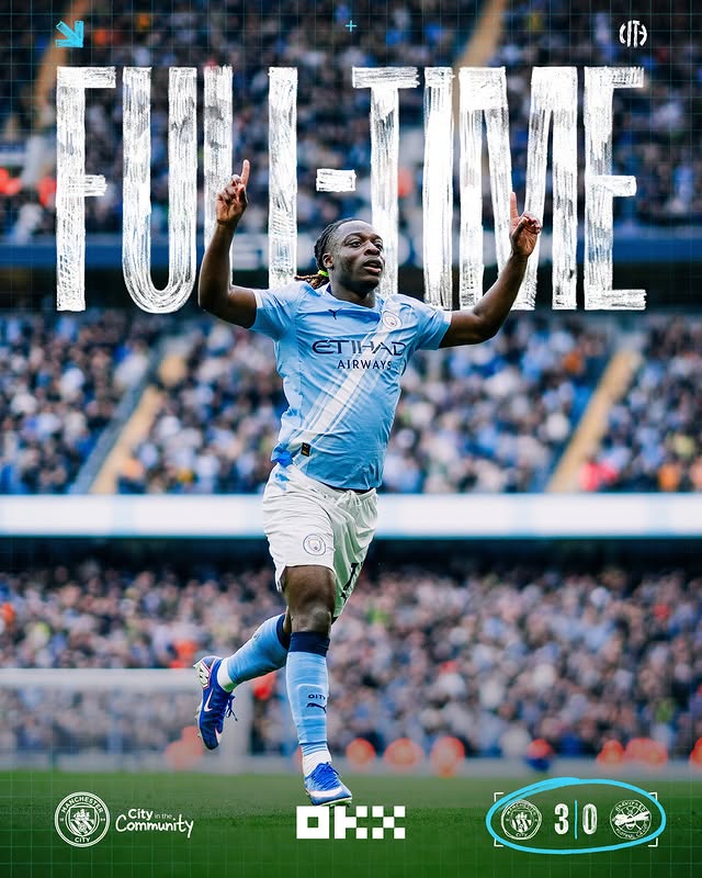 Instagram post by @citcmancity for OKX. Caption reads: Three goals. Three points. 💪 🩵 3-0 🐝....