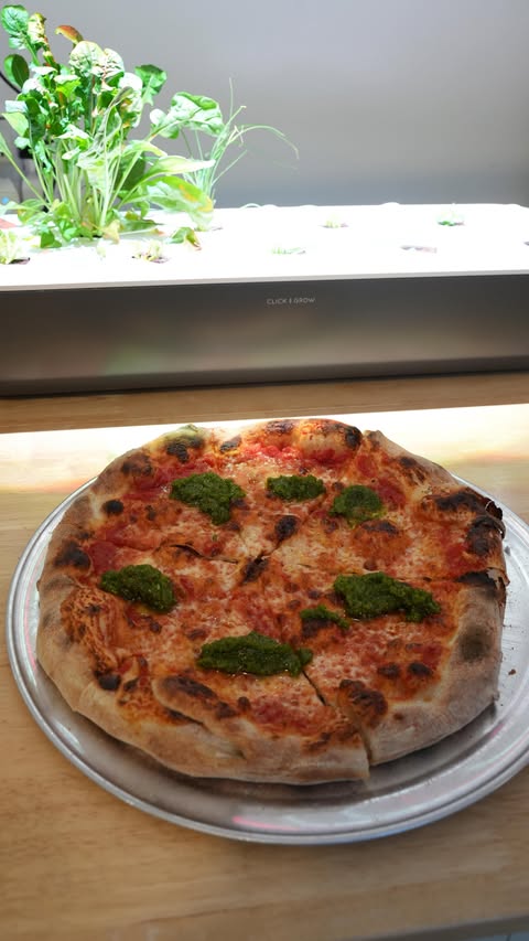 Instagram post by @notapizzeria for Click and Grow. Caption reads: [...] arugula and green onions grown in my....