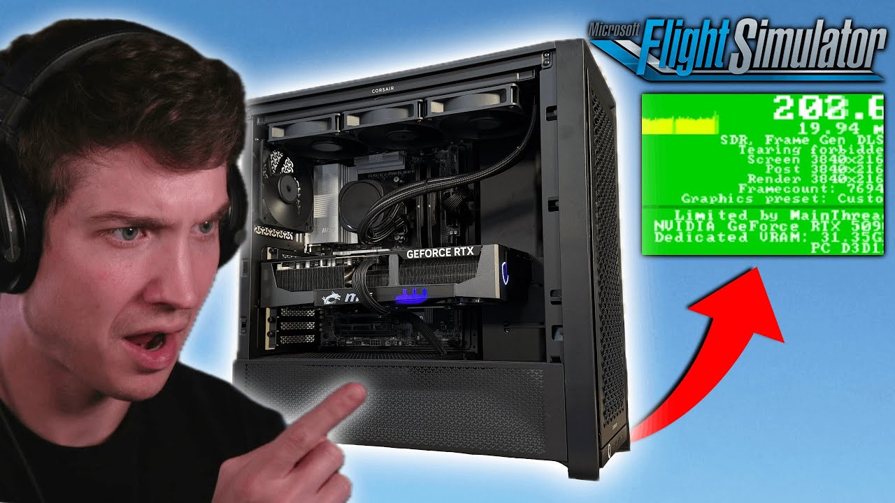 YouTube post by @AaronRheins. for Next Level Racing. Caption reads: This PC KILLS Microsoft Flight Sim (RTX 5090).