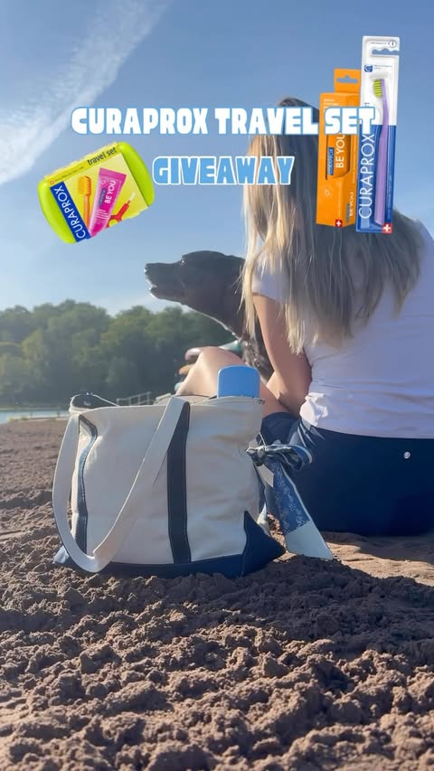 Instagram post by @shelbyy.rdh for Curaprox. Caption reads: Curaprox Travel Set Giveaway! 🩵 -Curaprox Travel....