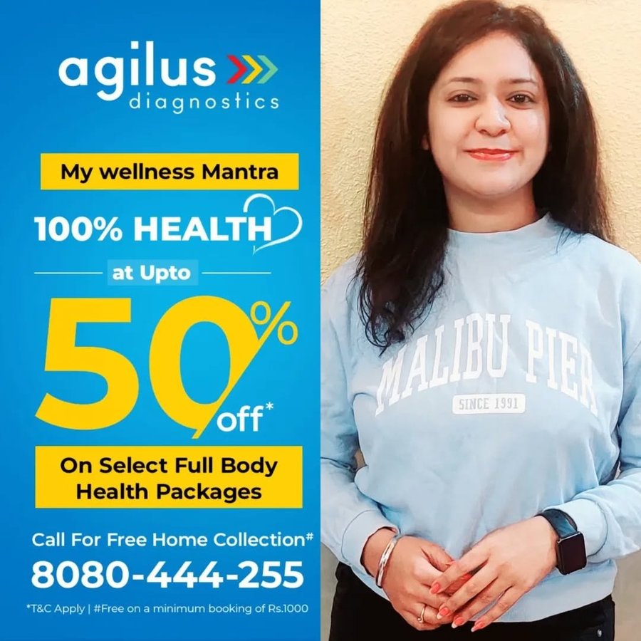 Instagram post by @dimpytolani for Agilus Diagnostics. Caption reads: #AD Unlock 100% health with Agilus Diagnostics! 🩺....