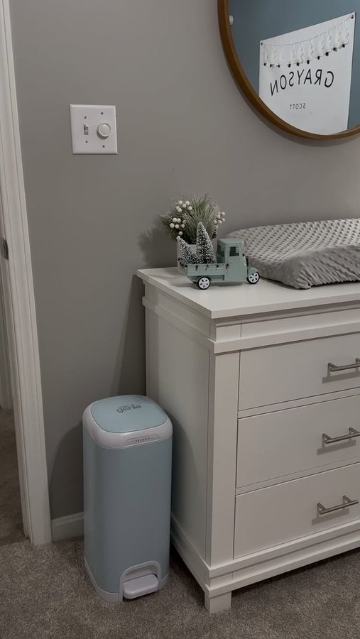 Instagram post by @rachel_holdsworth_ for Diaper Genie. Caption reads: Diaper Genie has been a tried and true baby....