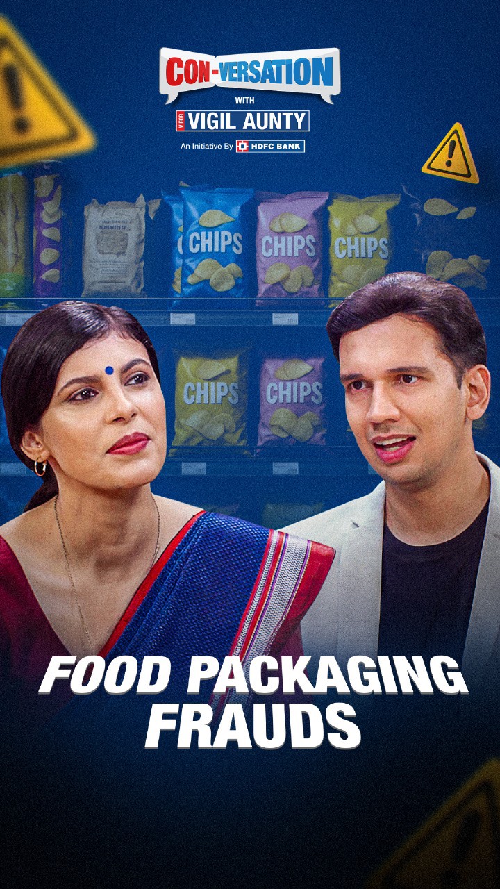 Instagram post by @vforvigilaunty for HDFC Bank. Caption reads: Fraudsters and food packaging have something in....
