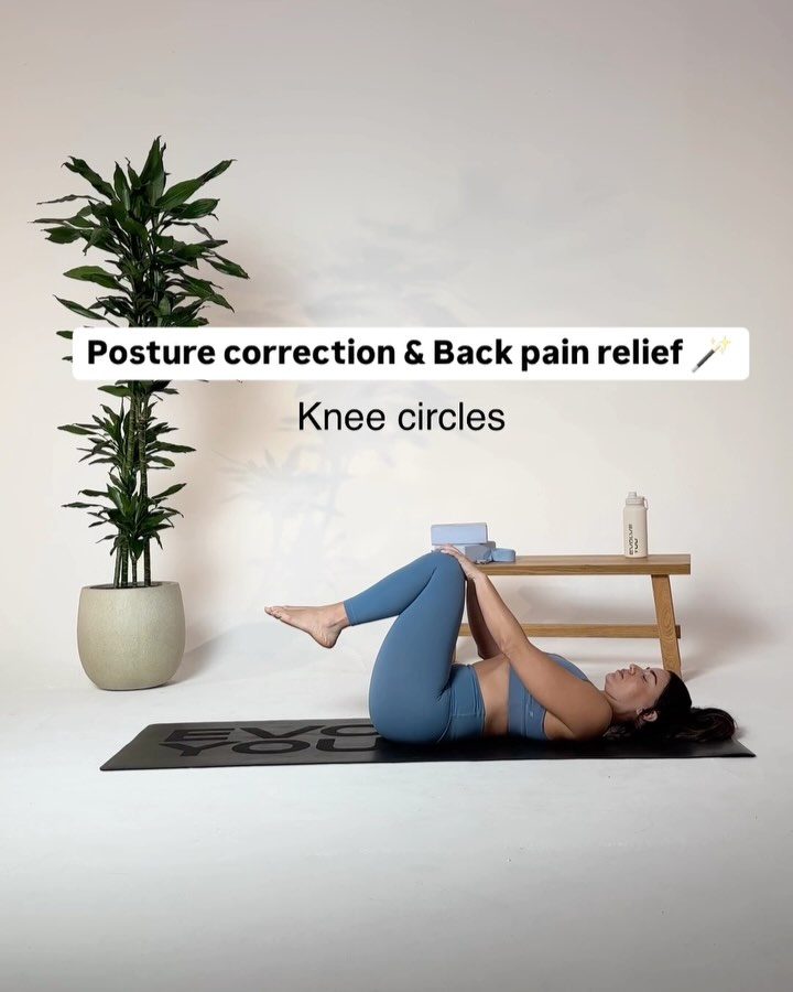 Instagram post by @emilymouu for EvolveYou. Caption reads: 7 simple moves for posture correction & back pain....