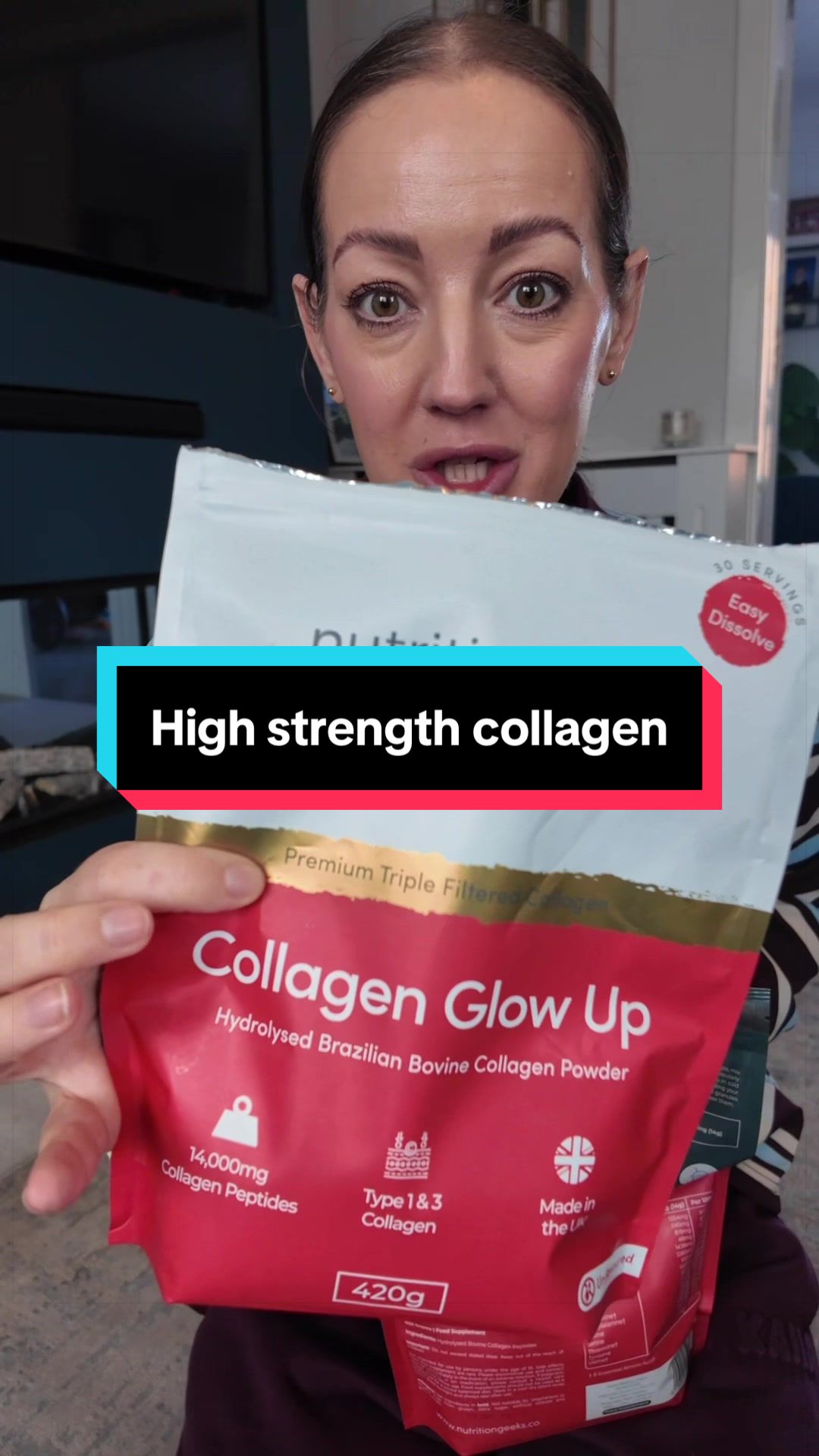 TikTok post by @carolinethecruiselady for Nutrition Geeks. Caption reads: [...] high strength collagen powder from....