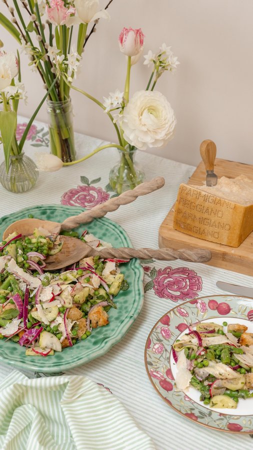 Instagram post by @rosannafalconer for Parmigiano Reggiano. Caption reads: Spring panzanella salad  🥗🧀🥒 I’ve hosted over....