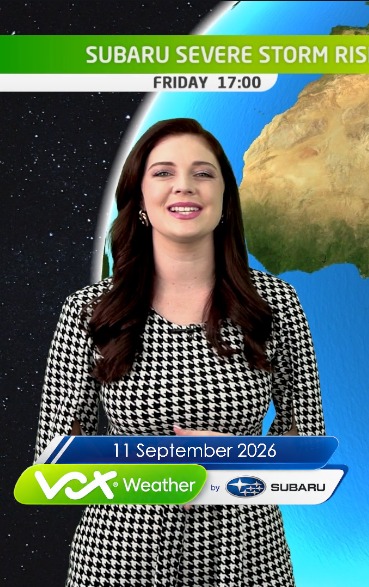 Instagram post by @voxweathergirls for Subaru of America. Caption reads: 11 September 2026 | Vox Weather Forecast brought....