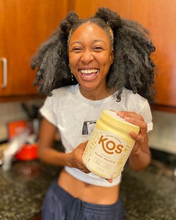 Instagram post by @loveatiya for KOS. Caption reads: [...] protein & it brings you a ton of joy ✨ @kos....