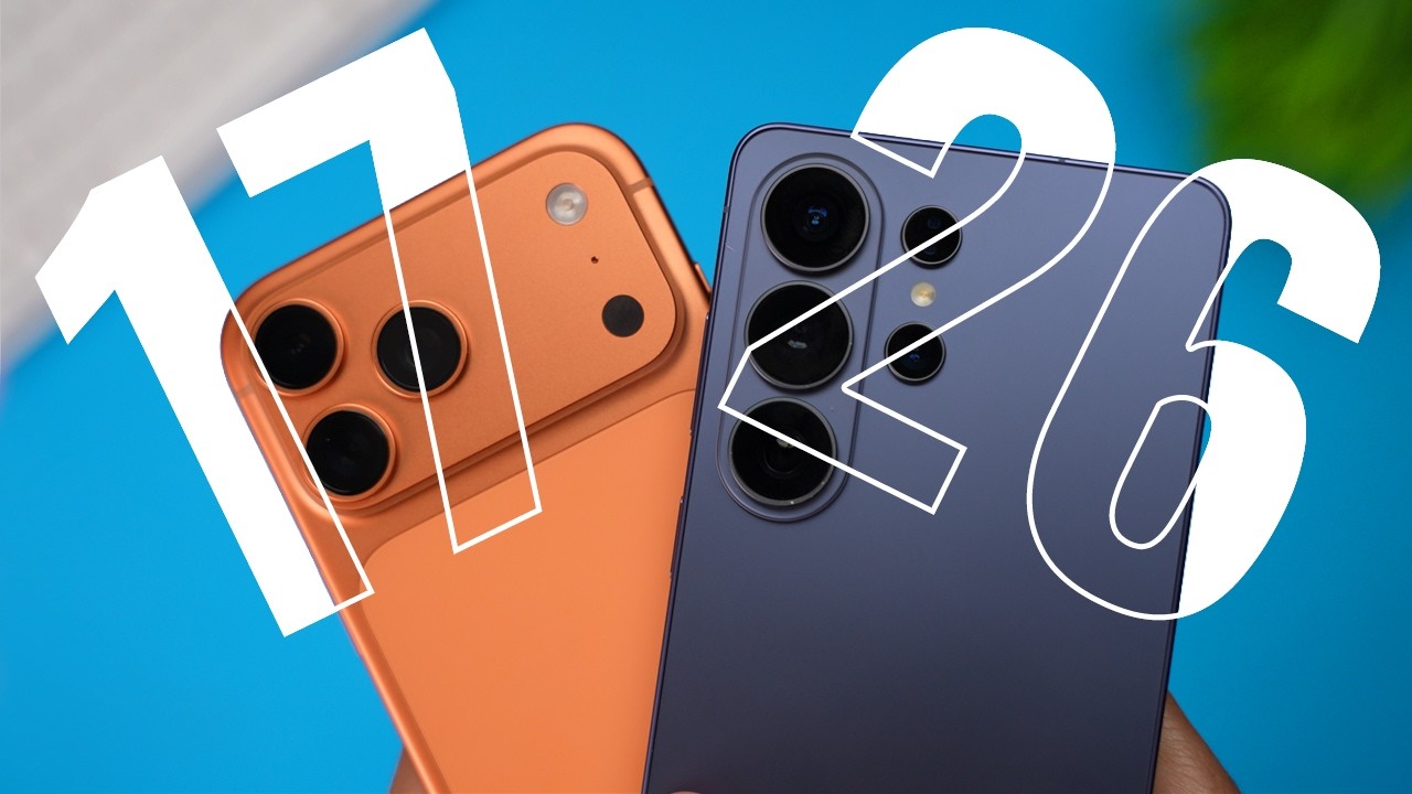 YouTube post by @TechGearTalk for B&H EDU Advantage. Caption reads: ONLY ONE CHOICE! iPhone 17 Pro Max vs Galaxy S26....