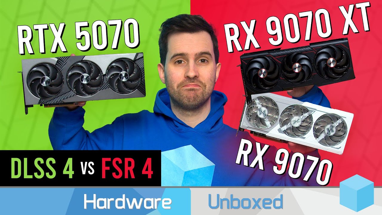 YouTube post by @Hardwareunboxed for Newegg. Caption reads: RX 9070 XT vs RTX 5070 vs RX 9070  - DLSS 4 vs FSR....